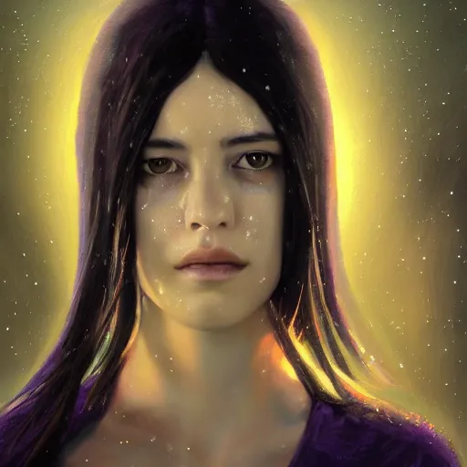 Image similar to Masterpiece! portrait of an aesthetic beautiful! realistic black haired priestess, 30 years old woman, looks like young Liv Tyler , praying, with tears, soft cinematic light, digital painting by WLOP, atmospheric effects, fireflies, 4K, octane render, artstation, deviantart, closer view, dark purple blue tones