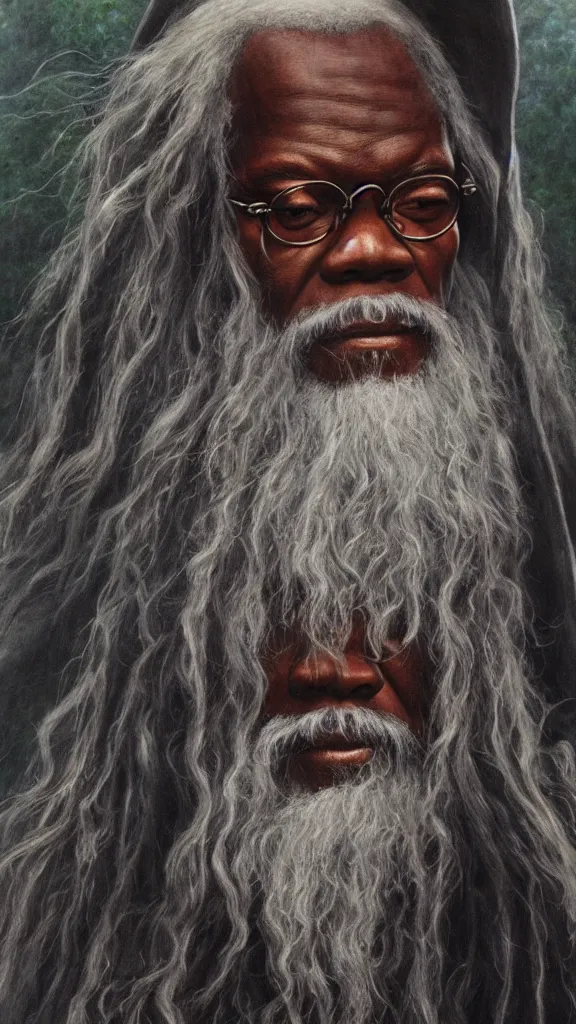 Prompt: portrait of samuel jackson as gandalf, by alan lee, lord of the rings calendar, smooth, detailed terrain, oil painting, matte painting, concept art, trending on artstation