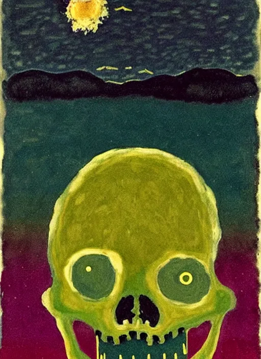 Image similar to wonky alien skeleton cook with knives in a dark green cloudy night sky with golden foil stars, occult symbols and tears, mountain lake and blossoming field in background, painted by mark rothko, helen frankenthaler, danny fox and hilma af klint, very pixelated, naive, expressionism