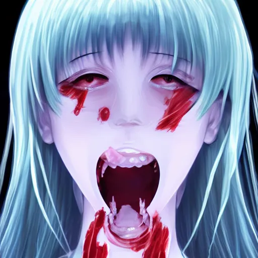 Prompt: saya (from saya no uta) trying to eat you hd 8k hyperreality art by urobuchi gen, aramaki shinji, bodyhorror, meat, blood