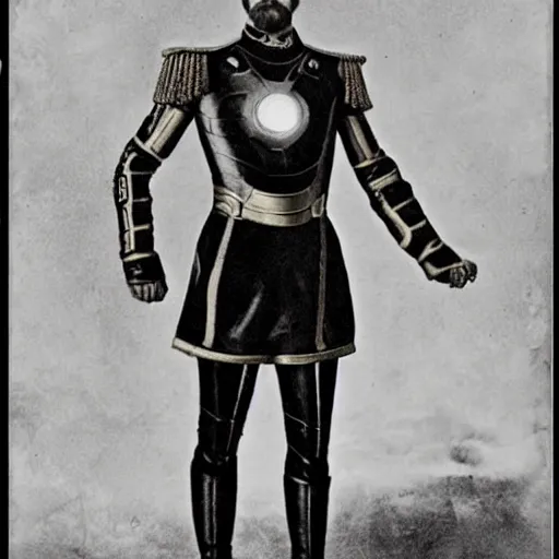 Prompt: tsar nicholas ii as iron man, historical photograph, highly detailed, full length portrait