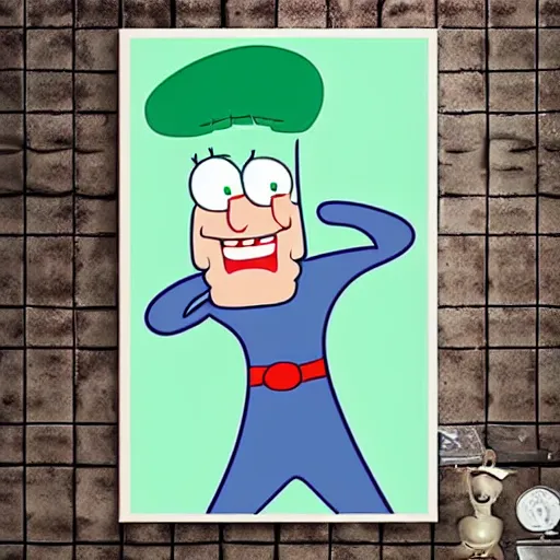 Prompt: handsome man, handsome squidward, big smile, hero, strong chin, handsome, poster style