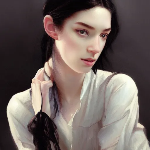 Image similar to portrait of teenage girl with long glossy black hair, glowing skin, delicate features, victoria wallace, stoya, fantasy, intricate, elegant, dress shirt and tie, highly detailed, digital painting, artstation, concept art, smooth, sharp focus, illustration, art by Krenz Cushart and Artem Demura and alphonse mucha