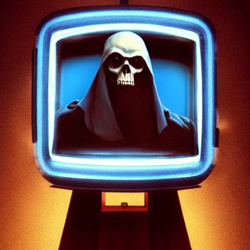 Image similar to a grim reaper with a crt television for a face. the television has a blue screen with white letters on it. by frank frazetta, simon bisley, brom, concept art, octane render, unreal engine 5, highly detailed, high quality, 8 k, soft lighting, realistic face, path traced