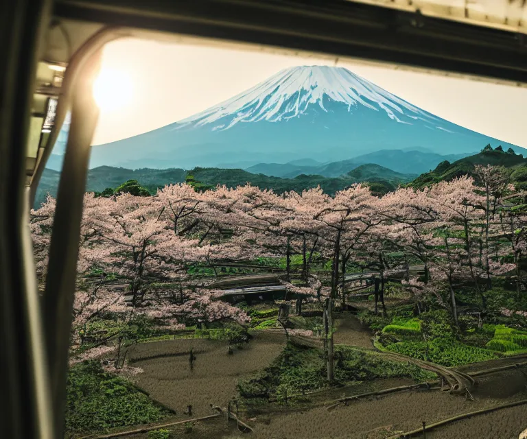 Image similar to a photo of mount fuji, japanese ladscapes, rice paddies, sakura trees, seen from a window of a train. cinematic lighting.