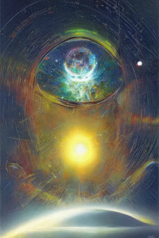 Prompt: the edge of the known universe, art by william rotsler and joe jusko and peter andrew jones, trending on artstation, front lighting microscopic view sketched, 2 0 0 1 : a space odyssey, multiple exposure, scifi, tachism