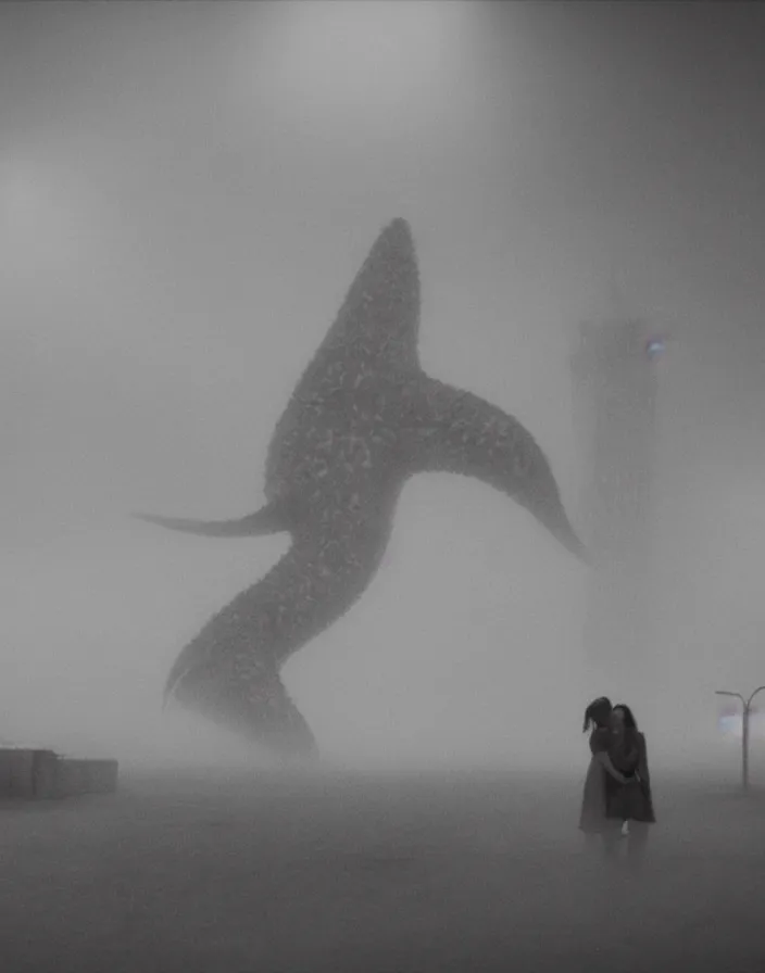 Prompt: very low - resolution found footage of a couple escaping in the city from a starfish kaiju monster, fog, foggy, korean film noir, monochrome, red hue, thriller, underdeveloped, epic, dramatic