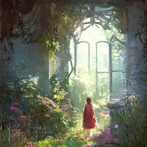 Prompt: The Secret Garden, painting in the style by Greg Rutkowski