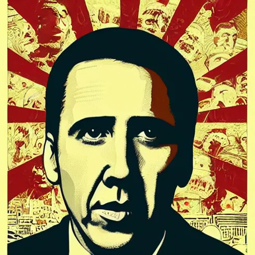 Image similar to nicolas cage in the style of obama hope poster, art by shepard fairey