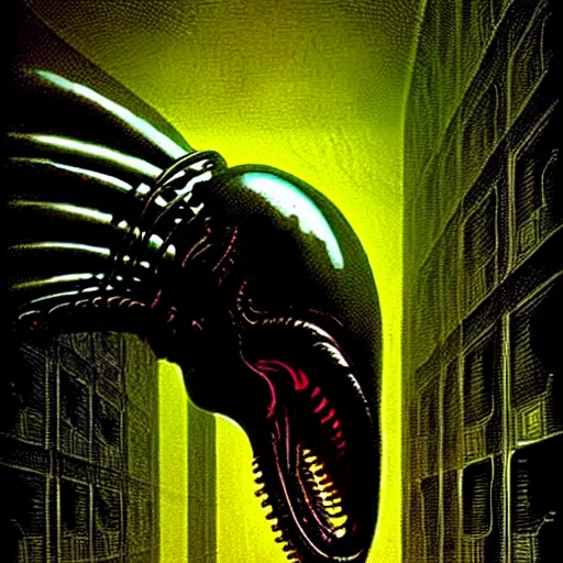 Prompt: black glossy xenomorph, alien movie, endless abandoned office cubicles, pale yellow wallpaper, moist brown carpet, dim fluorescent lighting, artstation, ultra detailed, creepy, dramatic lighting, photorealistic, art by h. r. giger and chris foss and beksinski carl spitzweg. baroque elements. baroque element. intricate artwork by caravaggio.