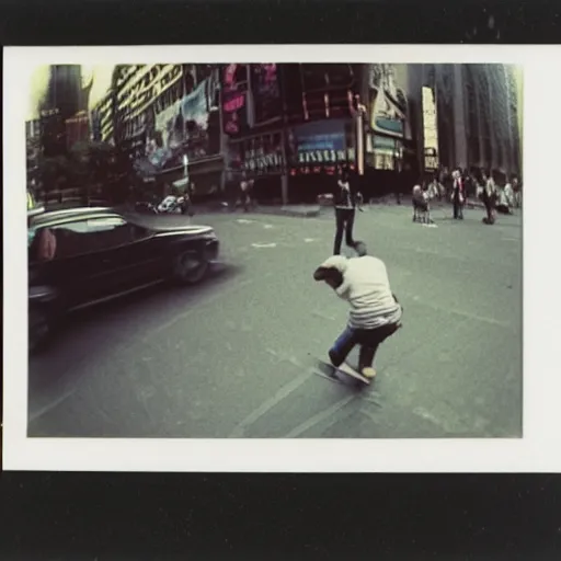 Image similar to wide-shot very low-angle eyesight photo of a skateboard at the street in New York, polaroid photo, by Andy Warhol, signed