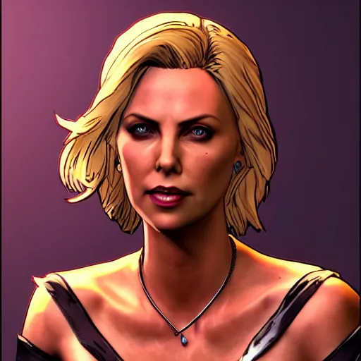 Image similar to charlize theron portrait, borderlands, tales from the borderlands, the wolf among us, comic, cinematic lighting, studio quality, 8 k