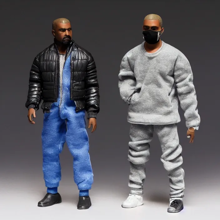 Image similar to a action figure of kanye west using full face - covering mask with small holes. a small, tight, undersized reflective bright blue round puffer jacket made of nylon. a black shirt underneath. dark jeans pants. a pair of big black rubber boots, figurine, detailed product photo