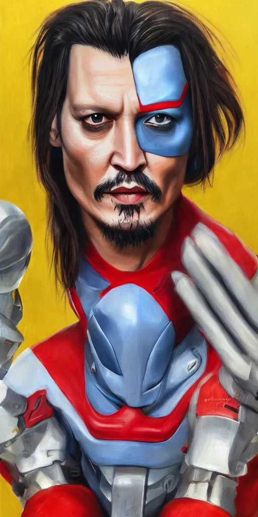 Prompt: realistic Portrait painting of a Johnny Depp as Ultraman Taro, made by Gustave Courbet, physical painting, Sharp focus,digital art, bright colors,fine art, trending on Artstation, unreal engine.