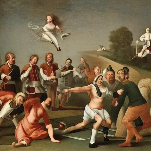 Prompt: the most savage game of pickle ball ever played in the 17th century
