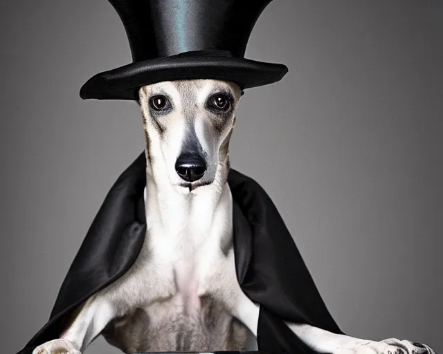 Image similar to greyhound wearing a black cloak and a top hat under a spotlight, magician dog