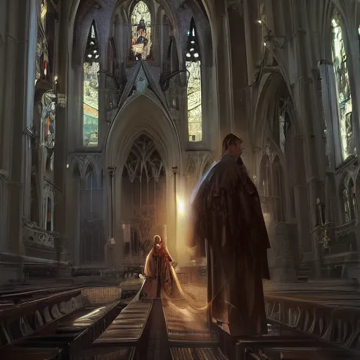 Image similar to angel protecting man who is praying inside a gothic church by Stanley Artgerm Lau, WLOP, Rossdraws, James Jean, Andrei Riabovitchev, Marc Simonetti, Yoshitaka Amano, ArtStation, CGSociety