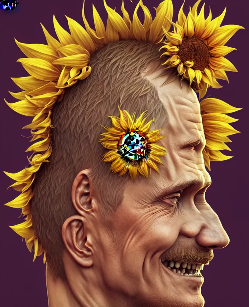 Image similar to digital art, centered full body of Putin smiling king, Sunflower crown, ,intricate, veins, by James Jean and by artgerm , by ross tran ultradetailed, charachter design, concept art, trending on artstation,