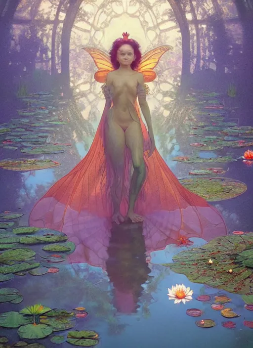 Image similar to portrait of a beautiful fairy, by a waterlily pond, coherent design, symmetrical, vivid color, complementary color, golden ratio, detailed, sharp lines, intricate, rainbowshift, by maxfield parrish, by peter mohrbacher, by karol bak, by alphonse mucha, deviantart, octane render