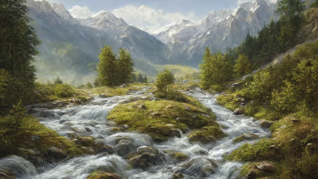 Prompt: High-Quality realist painting of a river crossing a valley in the Alps, peaceful, very detailed, digital art.