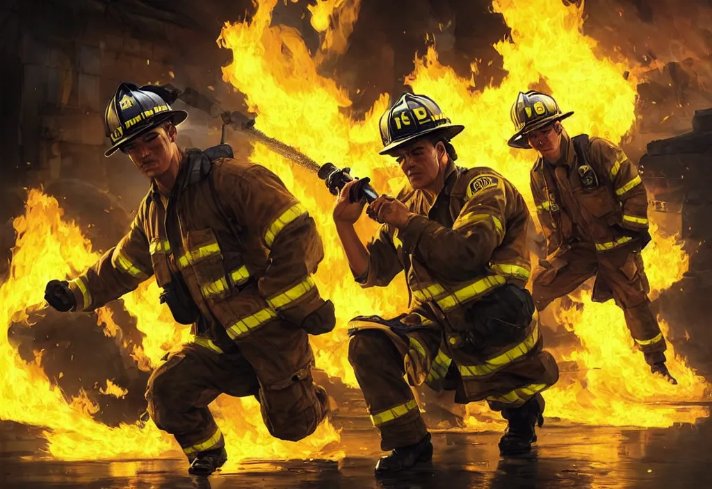 Image similar to heroic firefighter in action in black and yellow uniform, fire flames, sharp details, sharp focus, elegant, highly detailed, illustration, by jordan grimmer and greg rutkowski and 薯 子 imoko and wlop and maya takamura, intricate, art gta 5 cover