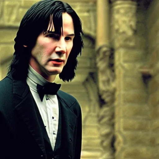 Image similar to Film Still of a Young Keanu Reeves playing a Young Severus Snape in Harry Potter, Film Still, realistic, hyperrealistic, very realistic, very very realistic, highly detailed, very detailed, extremely detailed, detailed, detailed face, very detailed face, very detailed face, realism, HD Quality, 8k resolution, intricate details, body and head in frame, Real Life