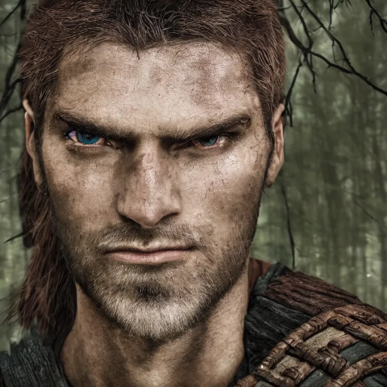 Prompt: closeup portrait photo of a male warrior, in a forest, witcher style, elegant, highly detailed, centered, digital painting, smooth, sharp focus, 8 k. lifelike. soft light. nikon d 8 5 0. cinematic post - processing