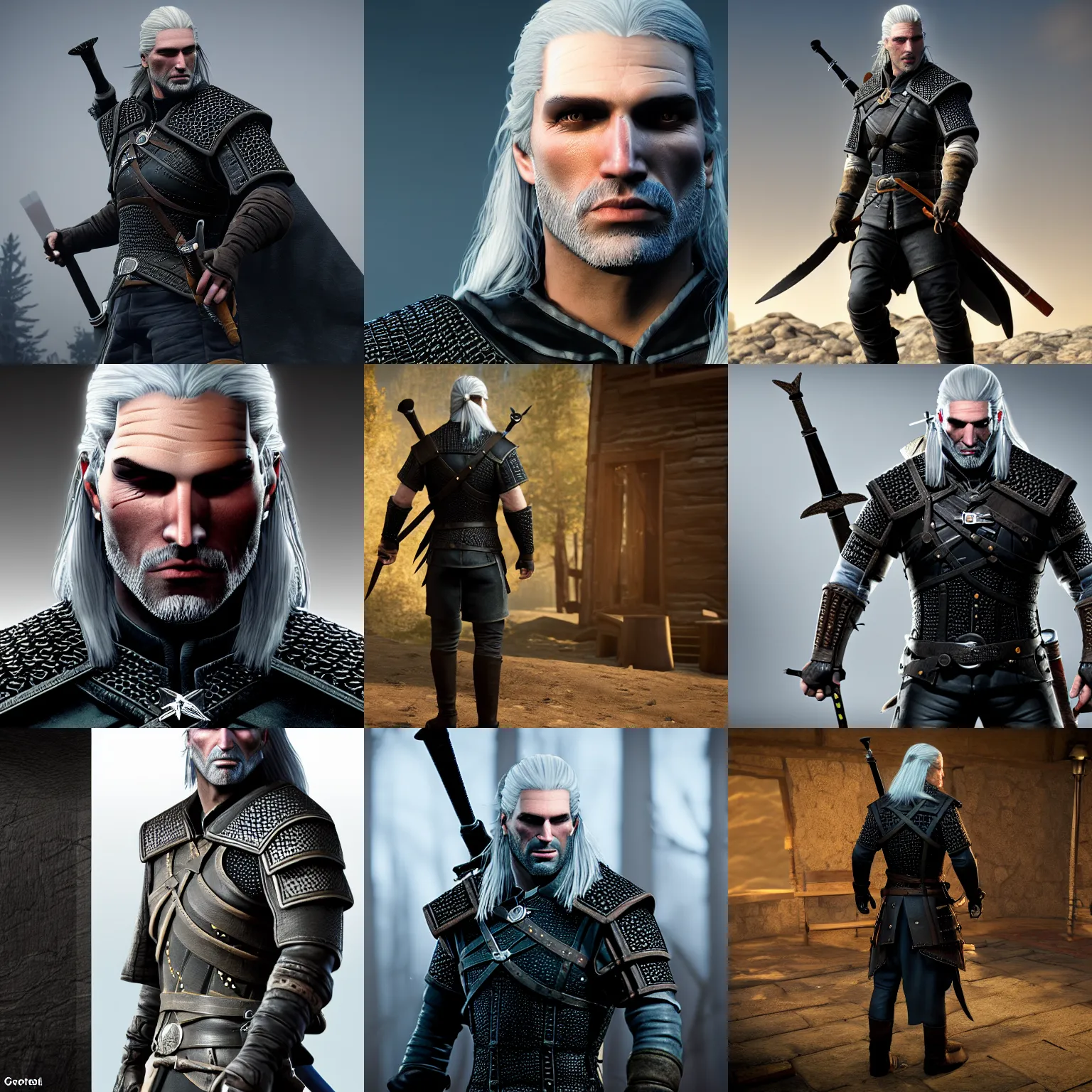Prompt: geralt of rivia with long black hair and in a black dress, 8 k, unreal engine 5, sharp and detailed