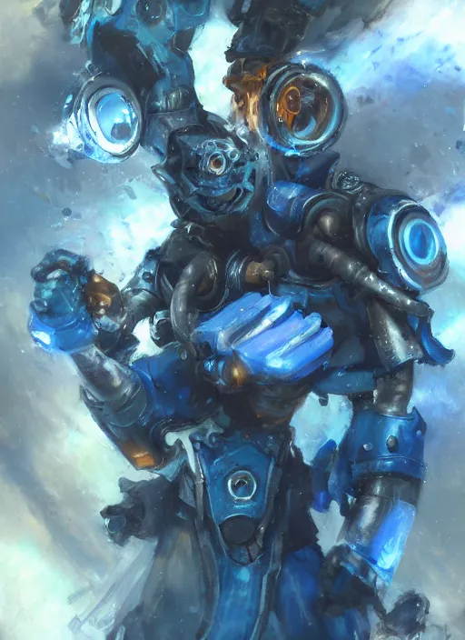 Prompt: a crazed blue kobalt artificer painted by raymond swanland