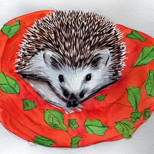 Prompt: a hedgehog in a cozy blanket on a rainy day, watercolor and ink by Usman Connor