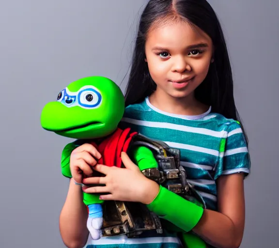 Prompt: cute young white girl proudly holding her pet teenage mutant ninja turtle, XF IQ4, 150MP, 50mm, F1.4, ISO 200, 1/160s, natural light
