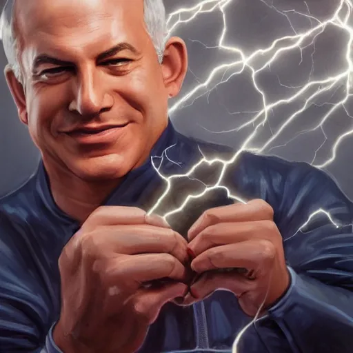 Image similar to portrait of benjamin netanyahu grinning while holding lightning bolts with his hands, superhero art, by artgerm and greg rutkowski