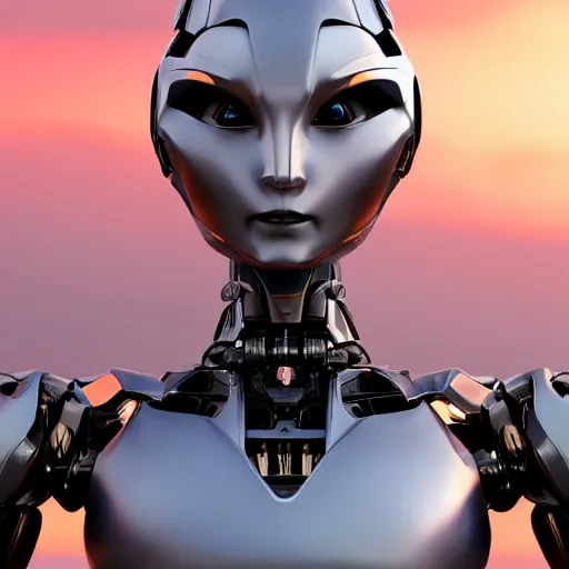 Image similar to a highly detailed close-up bust, of an awe-inspiring beautiful cute humanoid anthropomorphic robotic mecha female dragon, with smooth and streamlined armor, standing and posing elegantly in front of the camera, well detailed head with LED eyes, sharp design, two arms, digital art, artstation, DeviantArt, professional, octane render, sunset lighting