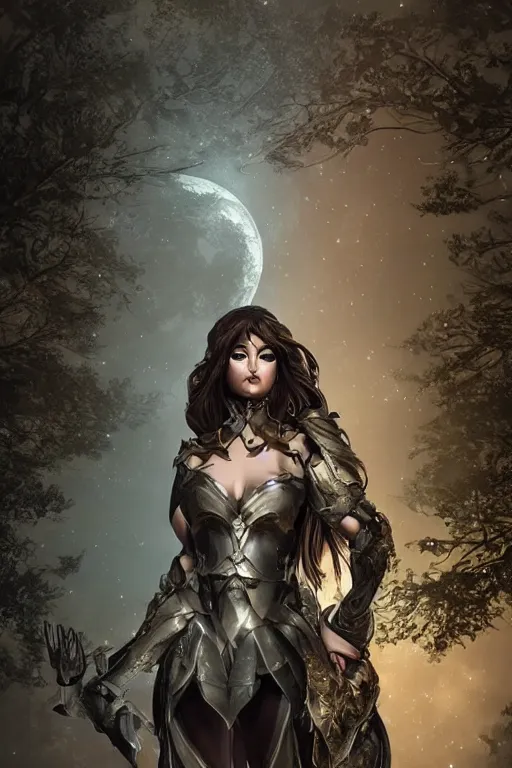 Image similar to Greek Goddess Artemis in moonlit forest wearing leather !!ranger!! armour, surrounded by !animals!, medium shot portrait by artgerm loish and WLOP, octane render, dynamic lighting, asymmetrical portrait, dark fantasy, cool toned, trending on ArtStation