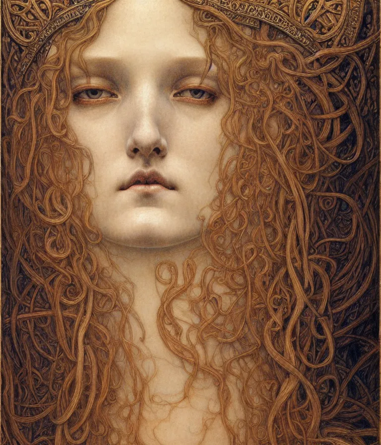 Image similar to detailed realistic beautiful young medieval queen face portrait by jean delville, gustave dore and marco mazzoni, art nouveau, symbolist, visionary, gothic, pre - raphaelite. horizontal symmetry