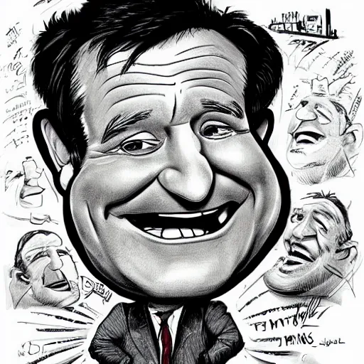 Prompt: a caricature portrait of Robin Williams drawn by Mort Drucker Mad Magazine