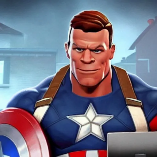 Prompt: John cena drinking a cup of coffee with captain america in marvel universe, as a Fortnite character, cinematic, detailed