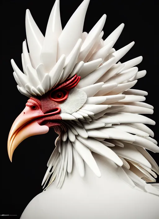 Image similar to hyper detailed ultra sharp portrait of a beautiful fashionable porcelain ivory cyberpunk scifi rooster, well contoured smooth colorful feathers, up close shot, sharp focus, global illumination, radiant light, black haute couture, alexandre ferra, irakli nadar, octane render, 4 k, ultra hd,