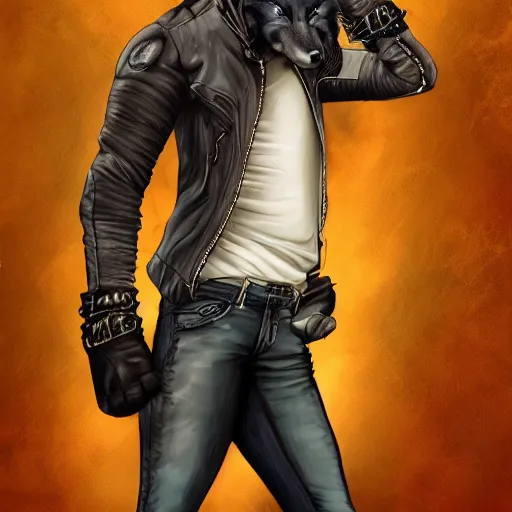 Image similar to A wolf with a small head wearing a leather jacket and leather jeans and leather gloves, trending on FurAffinity, energetic, dynamic, digital art, highly detailed, FurAffinity, high quality, digital fantasy art, FurAffinity, favorite, character art