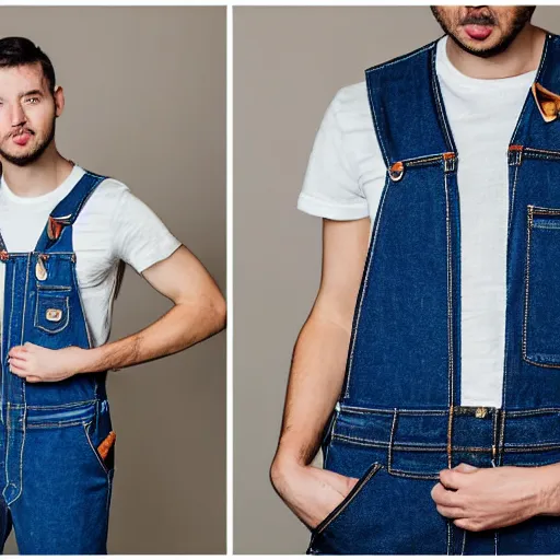 Image similar to kangaroo wearing denim overalls that have a front pocket, fashion managzine photograph, studio lighting