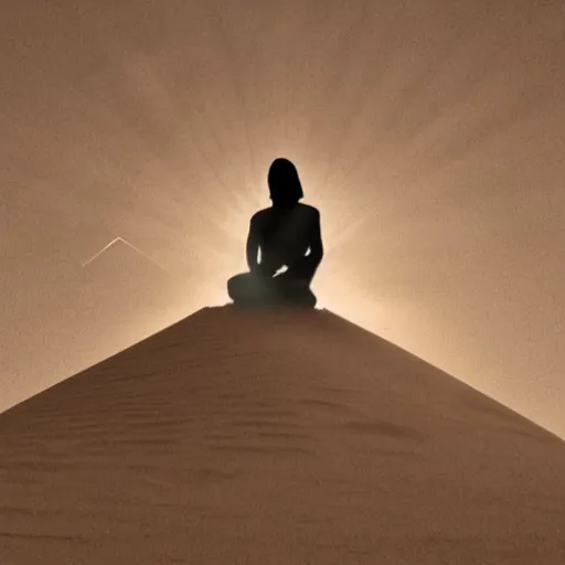 Prompt: lizard meditating in desert, photo, pyramids, light shafts, wisps, sandstorm, light diffusion, godly, ascending