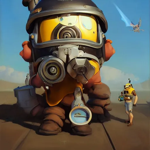 Image similar to greg manchess portrait painting of minion stuart as overwatch character, medium shot, asymmetrical, profile picture, organic painting, sunny day, matte painting, bold shapes, hard edges, street art, trending on artstation, by huang guangjian and gil elvgren and sachin teng