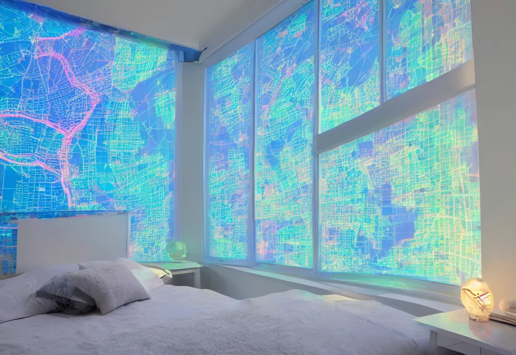 Image similar to curved translucent windows projecting florida holographic weathermap, pixel perfect photograph, thin glowing lights, bedroom, visor, users, pair of keycards on table