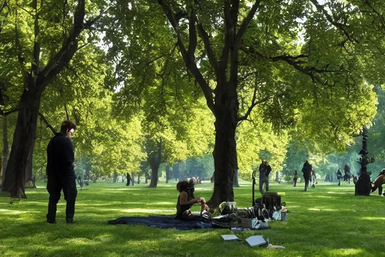 Image similar to cinematography plein air painters in Parc Monceau by Emmanuel Lubezki
