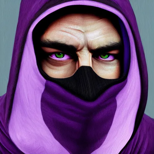 Image similar to ultra realistic illustration, man in a black hood, in a striped purple balaclava, mysterious, highly detailed, digital painting, artstation, concept art, smooth, sharp focus, illustration