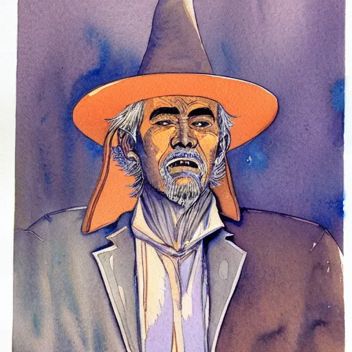 Image similar to a 3 / 4 view watercolor ink painting of old old mexican magician closes eyes, gray haired, in the style of jean giraud in the style of moebius trending on artstation deviantart pinterest detailed realistic hd 8 k high resolution