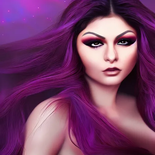 Prompt: portait of haifa wehbe, sadness look, long purple hair centred, hd, digital painting, unreal engine, final fantasy style, very beautifull face, amazing red orange background theme