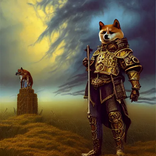 Image similar to anthropomorphic shiba inu, gold armor, standing on hill, graveyard full of bones and skulls, stuning fantasy 3 d render, masterpiece, glowing dark aura, by donato giancola and greg rutkowski and wayne barlow and zdzisław beksinski, realistic face