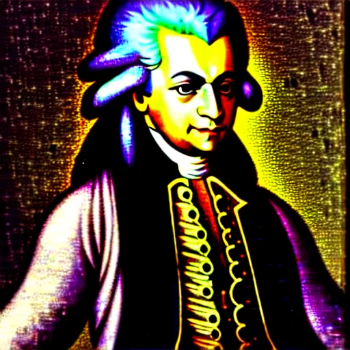 Image similar to a photo of wolfgang amadeus mozart on a rave. he sweats a lot because the club is poorly ventilated, but he still has a great time. club photography, smartphone photography.