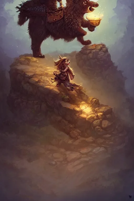 Image similar to migty bear wearing a cape, a gypsy riding a tiger, tiny, small, miniature , animal, short, adorable, pretty, beautiful, DnD character art portrait, matte fantasy painting, DeviantArt Artstation, by Jason Felix by Steve Argyle by Tyler Jacobson by Peter Mohrbacher, cinematic lighting